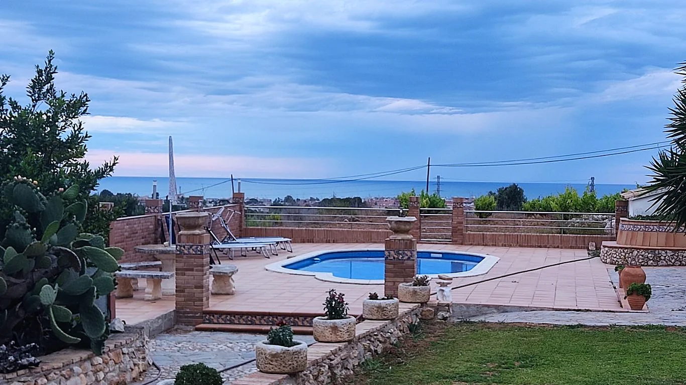 Private swimming pool terrace with panoramic Mediterranean sea view at Masia St Salvador 1582